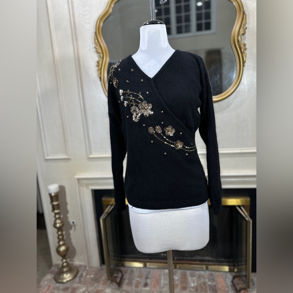 Vintage de‎ Rothchild Beaded Wrap Sweater L Black Gold Fuzzy Glam